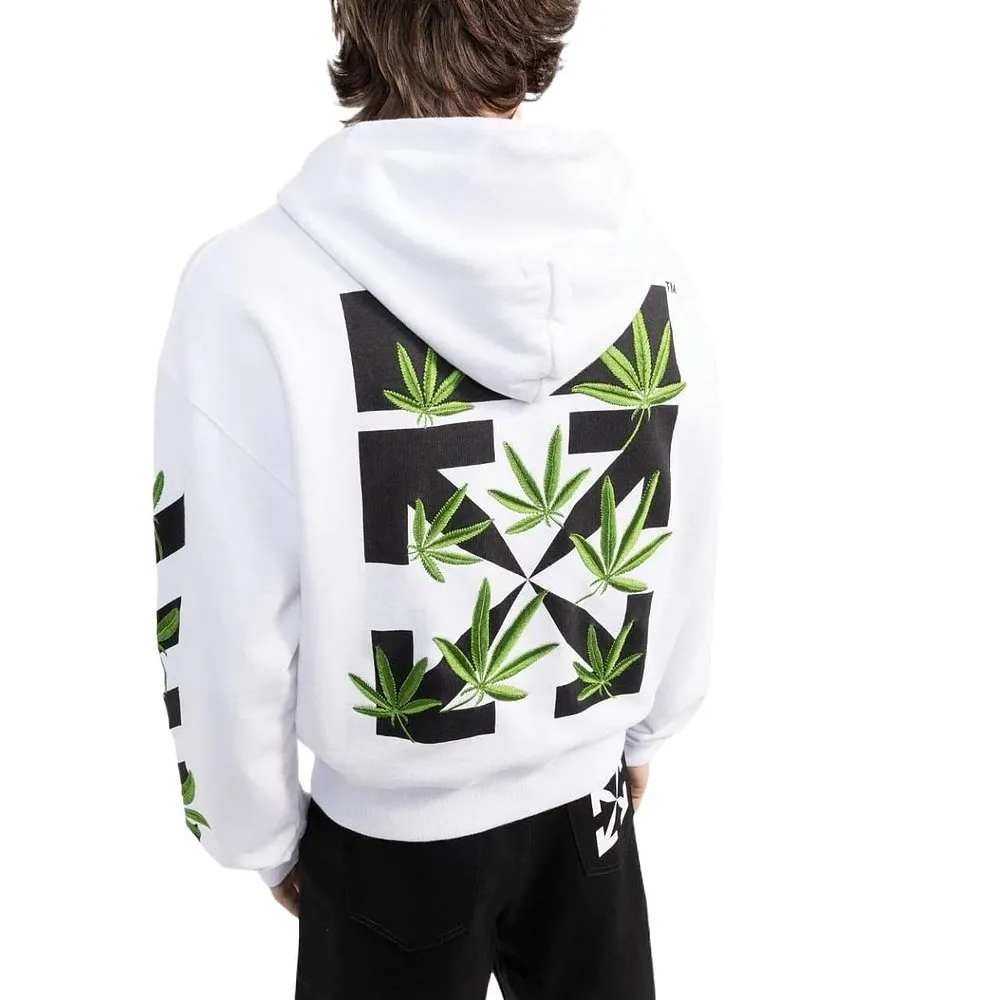 ♻️💯Refer to the model picture for the upper body❤️[New style] 22SS top version OFFWHITE OW lucky leaf embroidery print men and women couples the same trendy pure cotton loose autumn and winter hooded sweatshirt. This year's environmentally friendly series is indeed a bit interesting, all centered around plants. The combination of lucky leaves and arrows has a slightly fresh and artistic style. The front panel printing uses Tajima embroidery printing and superimposed embroidery technology, with a yellow background, a second layer of blue, and the last layer is purple OFF. The embroidery is raised and has a tactile feel. The arrows on the back are made using imported glue technology and then put on the embroidery machine. The printing is realistic and full. Ye Jing's expression is very obvious. Customized three-label auxiliary materials to perfectly restore ZP.  Color: black and white Size: XS-L P:430